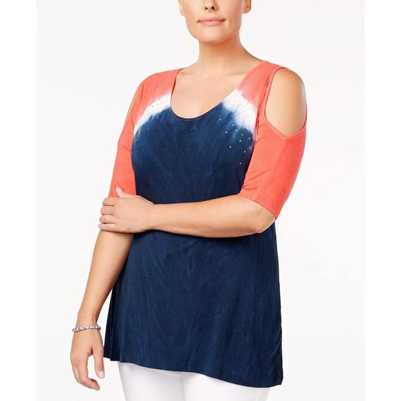 BELLDINI Plus Size Blue White Pink Tie-Dyed Cold-Shoulder Blouse Size XL - Picture 1 of 8